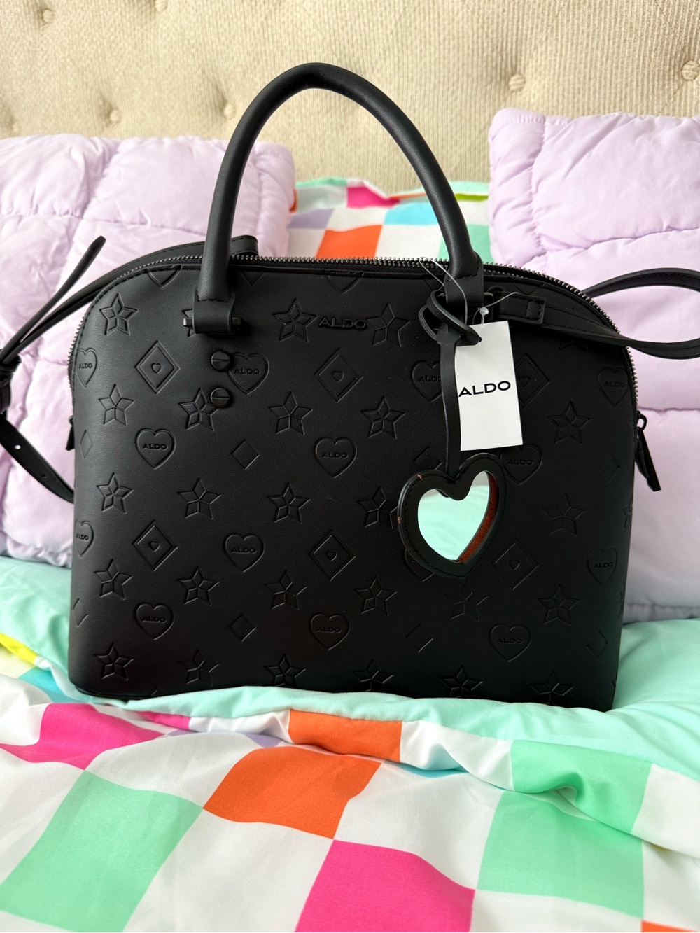 Aldo Black Embossed Heart Satchel with Heart Charm